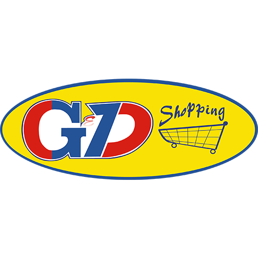 ovale giallo, logo rosso-blu, carrello.